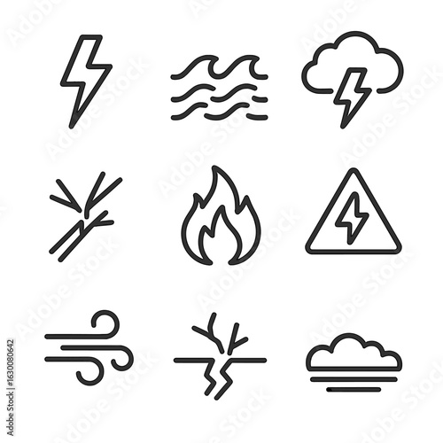 Metaphorical Storm Icons. Outline icon set of metaphorical storm: lightning flash, turbulent ocean, thunder cloud, broken branches