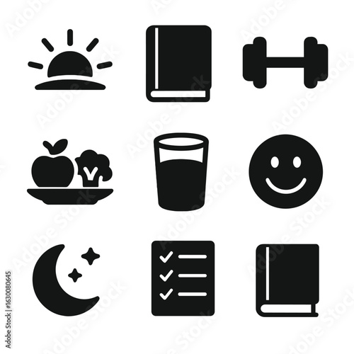 Positive Habits Icons. Solid, filled icons set of Positive mental habits: morning sun, journal, exercise