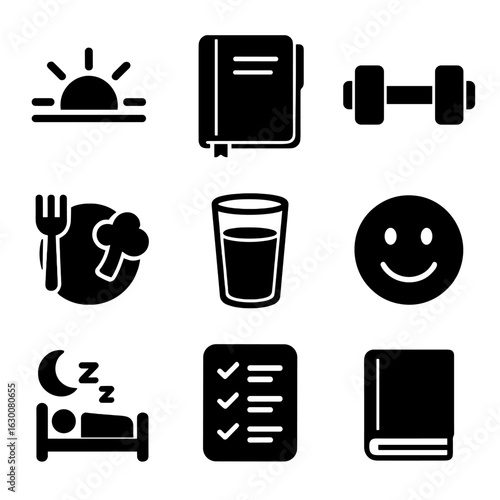 Positive Habits Icons. Solid, filled icons set of Positive mental habits: morning sun, journal, exercise
