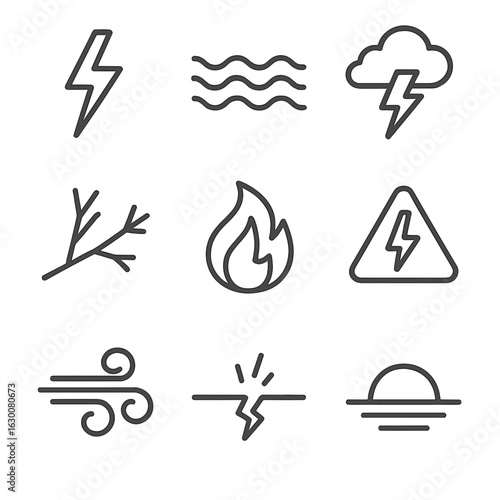 Metaphorical Storm Icons. Outline icon set of metaphorical storm: lightning flash, turbulent ocean, thunder cloud, broken branches