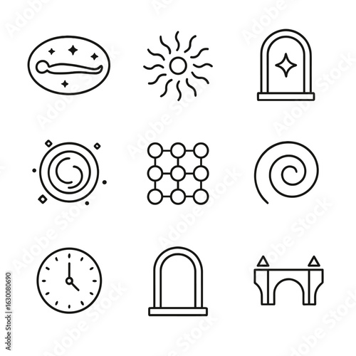 Metaphysical Icon Set. Outline icon set of metaphysical realms: astral plane, soul energy, dimensional gate, ether portal, light