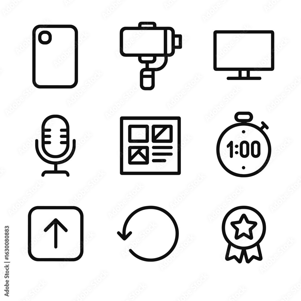 Micro-Cinema Icon Set. Outline icon set of micro-cinema: phone camera, selfie rig, small screen, voiceover mic, minimal storyboard Micro-Cinema Icon Set. Outline icon set of micro-cinema: phone camera, selfie rig, small screen, voiceover mic, minimal storyboard