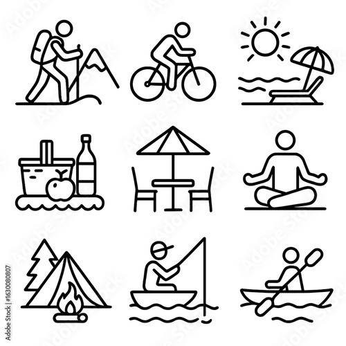 Post-Pandemic Leisure Icons. Outline icon set of post-pandemic leisure activities: hiking, cycling, beach,