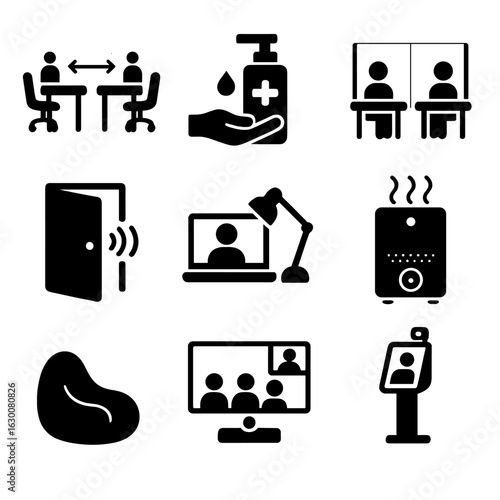 Post-Pandemic Office Icons. Solid, filled icons set of post-pandemic office design: social distancing desks,