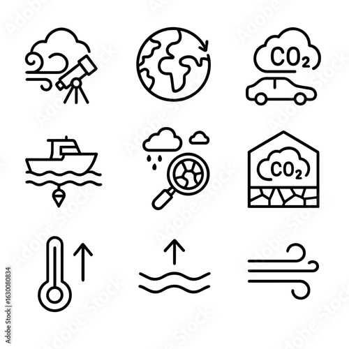 Meteorological Icon Set. Outline icon set of meteorological research: atmospheric research, climate change, carbon emissions,