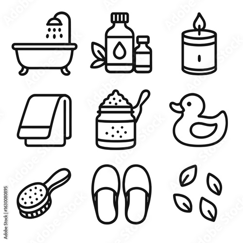 Post-Workout Bath Icons. Outline icon set of post-workout bath routine: bathtub, essential oils, candle, towel
