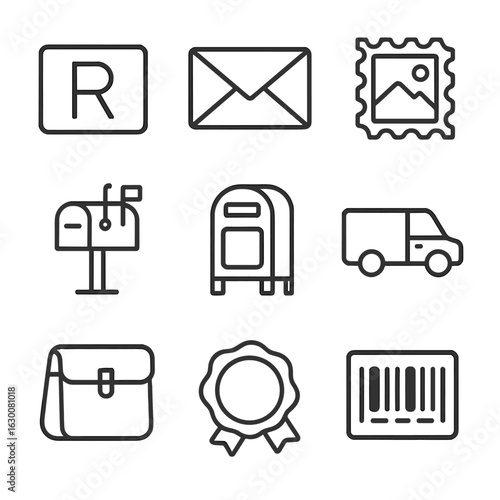 Postal Icon Set. Outline icon set of postal stickers: registered letter, envelope, stamp, mailbox, postbox,