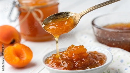 Spoonful of dripping ambarella June plum jam captured in close up against a white backdrop