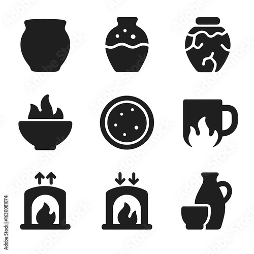Pottery Firing Icons. Solid, filled icons set of pottery firing types: bisque pot, glazed piece, raku jar, pit