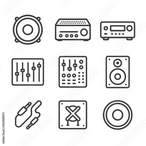 Midrange Audio Icon Set. Outline icon set of midrange audio equipment: midrange speaker, amplifier, audio receiver, equalizer,