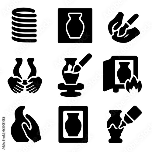 Pottery Techniques Icons. Solid, filled icons set of pottery techniques: coiling method, slab construction,