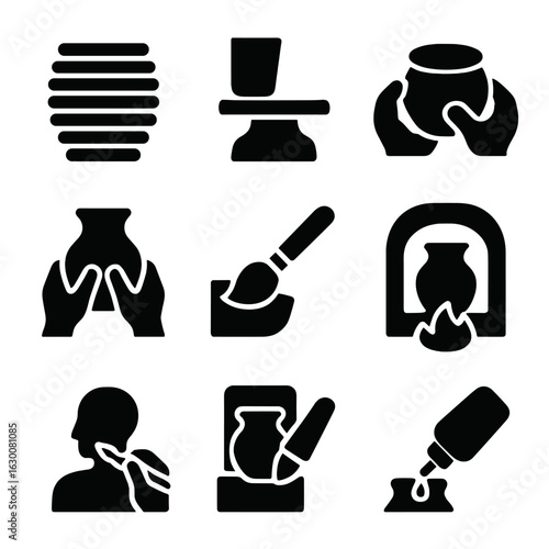 Pottery Techniques Icons. Solid, filled icons set of pottery techniques: coiling method, slab construction,
