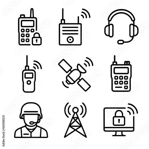 Military Radio Icons. Outline icon set of military radio communication: encrypted radio, signal jammer, communication headset,