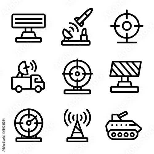 Military Radar Icons. Outline icon set of radar military use: surveillance radar, missile tracking, target acquisition, threat