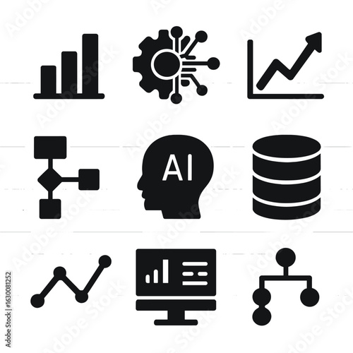 Predictive Analytics Icons. Solid, filled icons set of predictive analytics: data chart, machine learning,