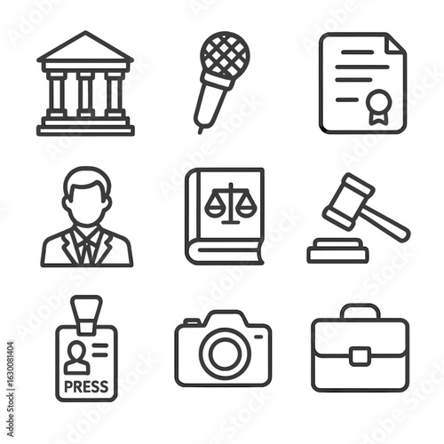 Press Freedom Icons. Outline icon set of press freedom and court rulings: courthouse, microphone, legal