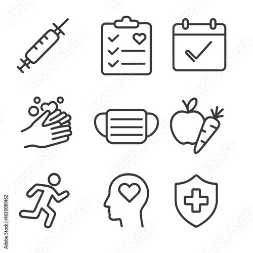 Preventive Healthcare Icons. Outline icon set of preventive healthcare: vaccine syringe, health check