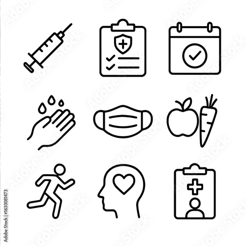 Preventive Healthcare Icons. Outline icon set of preventive healthcare: vaccine syringe, health check
