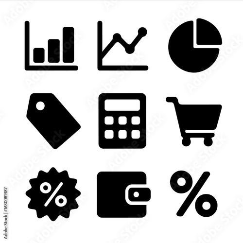Price Comparison Icons. Solid, filled icons set of price comparison chart: bar chart, line graph, pie chart,