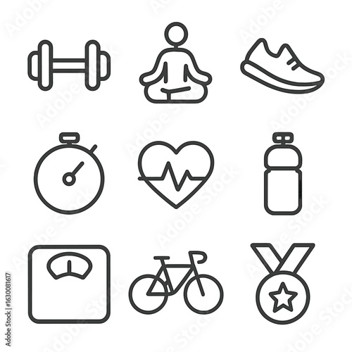 Minimal Fitness Icons. Outline icon set of minimal fitness icons: dumbbell, yoga pose, running shoe, stopwatch, heart rate, water