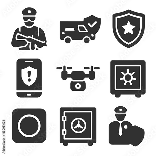 Private Security Icons. Solid, filled icons set of private security services: armored guard, vehicle escort,