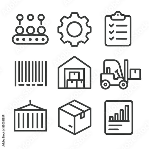 Production Tracking Icons. Outline icon set of production tracking: assembly line, gear, inventory clipboard,
