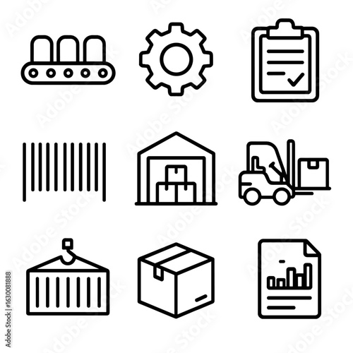 Production Tracking Icons. Outline icon set of production tracking: assembly line, gear, inventory clipboard,