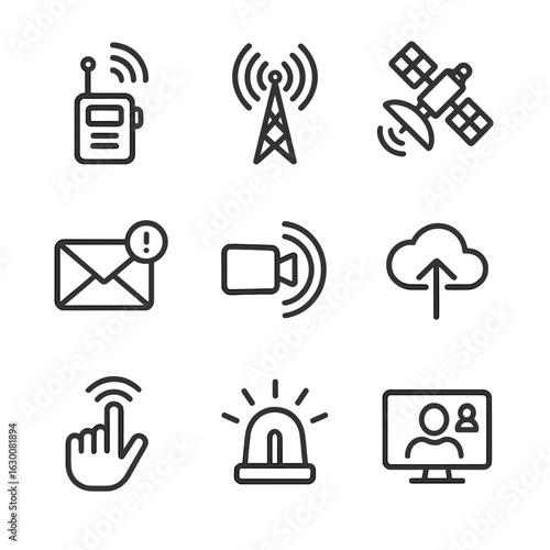Mission Communication Icons. Outline icon set of mission communication: radio transmission, signal antenna, satellite link,