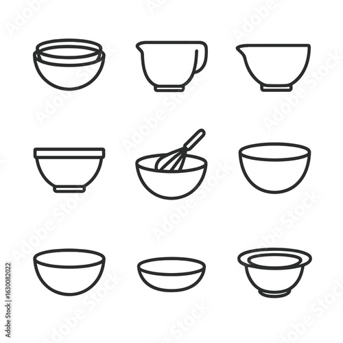 Mixing Bowl Icons. Outline icon set of mixing and prep bowls: nested bowls, batter bowl, pouring bowl, stainless mixing bowl,