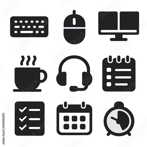 Productivity Tools Icons. Solid, filled icons set of productivity tools for data work: keyboard, mouse, dual