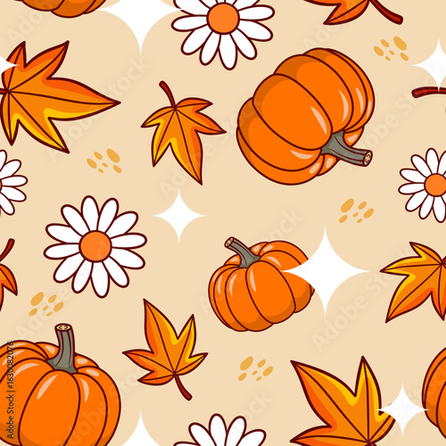 Maple pumpkin and flowers in Fall theme seamless pattern for background 