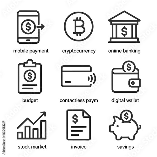 Modern Finance Icons. Outline icon set of modern finance: mobile payment, cryptocurrency, online banking, budget app, contactless