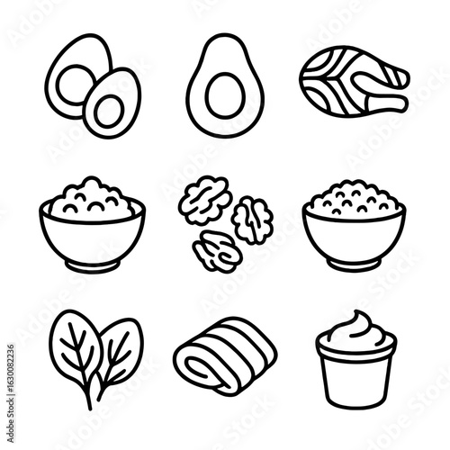 Protein-Rich Breakfast Icons. Outline icon set of protein-rich breakfast: eggs, avocado, smoked salmon,