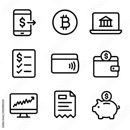 Modern Icon Grids. Outline icon set of modern finance: mobile payment, cryptocurrency, online banking, budget app, contactless