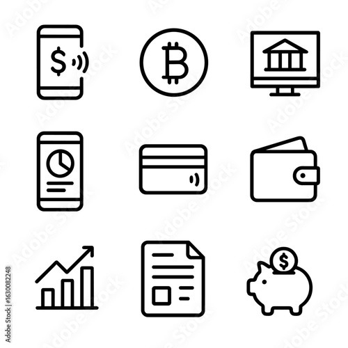 Modern Icon Grids. Outline icon set of modern finance: mobile payment, cryptocurrency, online banking, budget app, contactless