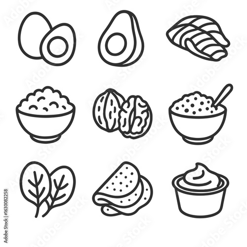 Protein-Rich Breakfast Icons. Outline icon set of protein-rich breakfast: eggs, avocado, smoked salmon,