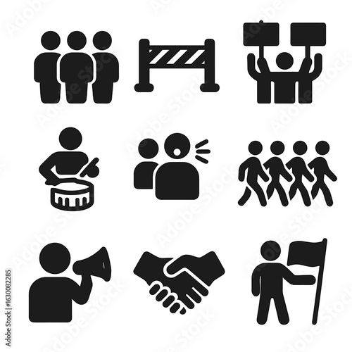 Protest Icons Set. Solid, filled icons set of public demonstration and protest: crowd, police barrier,