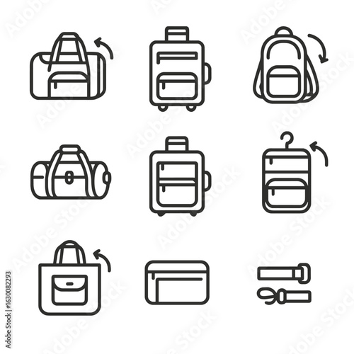 Modular Luggage Icons. Outline icon set of modular luggage and bags: foldable travel bag, expandable suitcase, packable backpack,