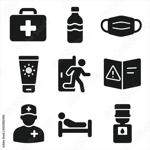 Protest Safety Essentials. Solid, filled icons set of protest safety and health: first aid kit, water bottle,