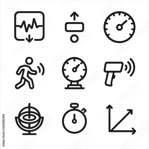 Momentum Measurement Icons. Outline icon set of momentum measurement tools: accelerometer, force sensor, speedometer, motion