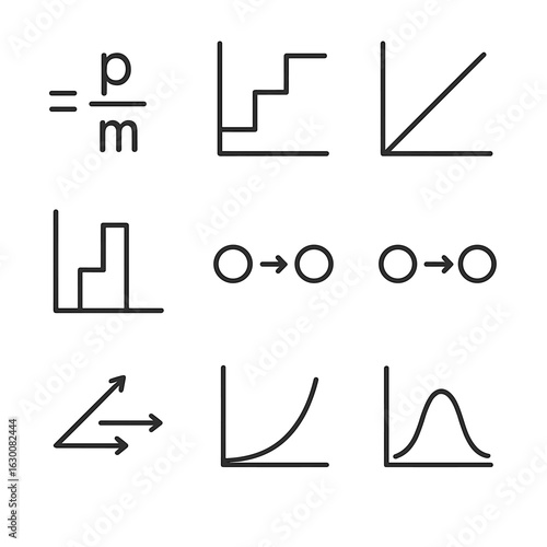Momentum Graph Icons. Outline icon set of momentum graphs and formulas: momentum formula, impulse graph, velocity vs time, force