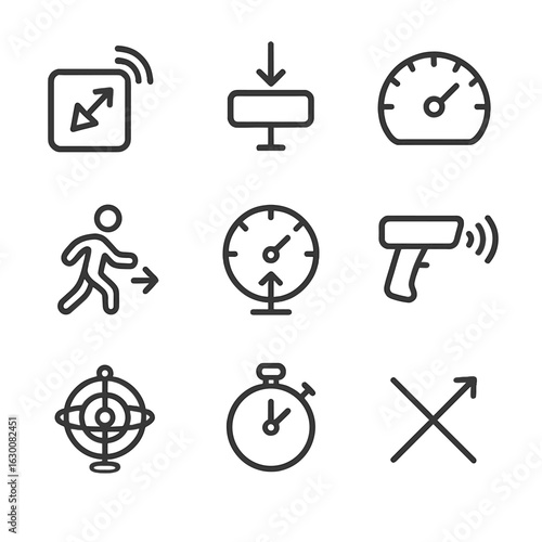 Momentum Measurement Icons. Outline icon set of momentum measurement tools: accelerometer, force sensor, speedometer, motion