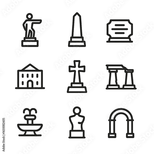 Monument Icon Set. Outline icon set of monument types: statue, obelisk, memorial plaque, historic building, war memorial, ancient