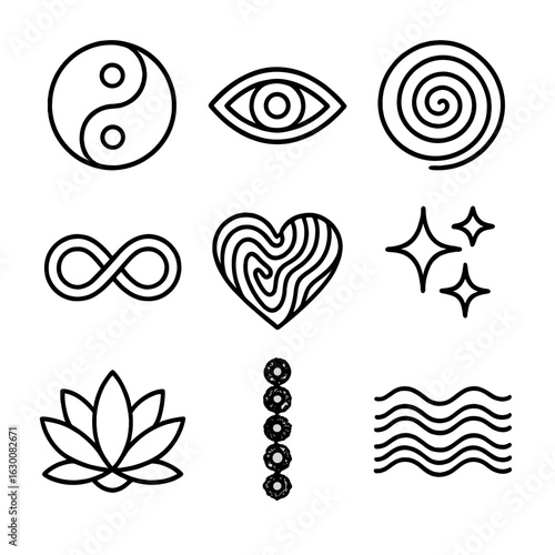 Psychedelic Icon Grid. Outline icon set of psychedelic symbols: yin-yang, third eye, spiral vortex, infinity