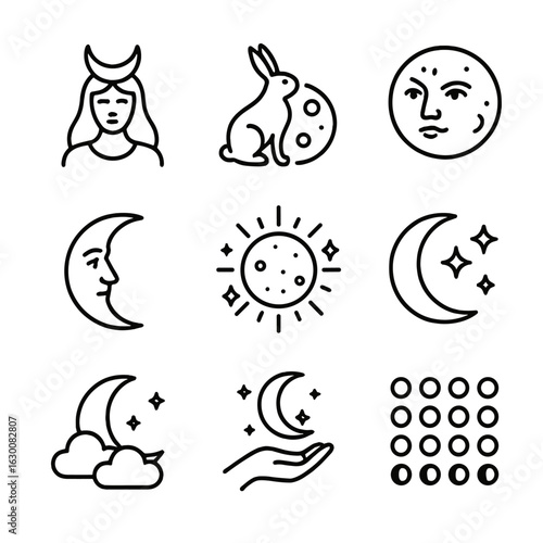 Moon Myth Icons. Outline icon set of moon myths and symbols: moon goddess, rabbit on moon, moon face, crescent moon with face,