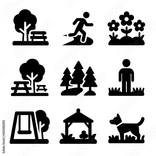 Public Park Icons. Solid, filled icons set of public parks and natural retreats: park bench under tree,