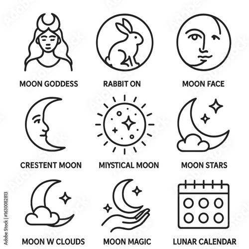 Moon Myth Icons. Outline icon set of moon myths and symbols: moon goddess, rabbit on moon, moon face, crescent moon with face,