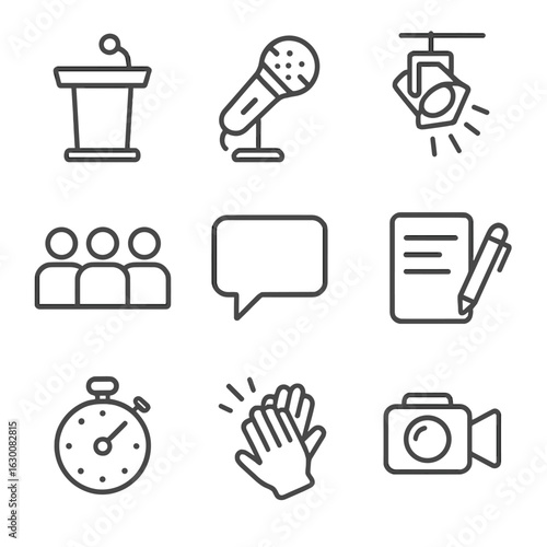 Public Speaking Icons. Outline icon set of public speaking and presentation: podium, microphone, spotlight,