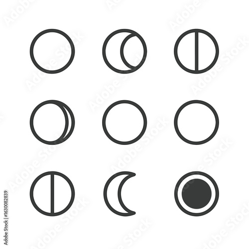Moon Phase Icons. Outline icon set of moon phases: new moon, waxing crescent, first quarter, waxing gibbous, full moon, waning