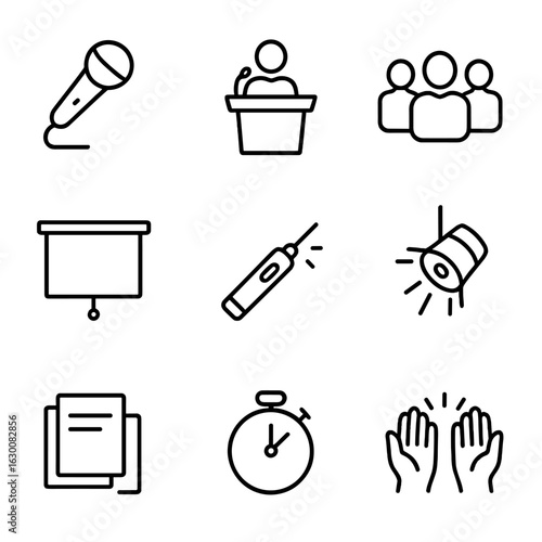 Public Speaking Icons. Outline icon set of public speaking and presentations: microphone, podium, audience,